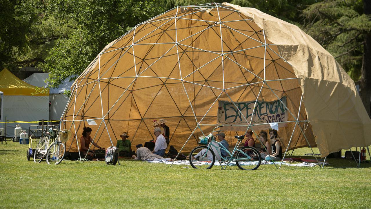 geodesic dome installed on a green lawn area
